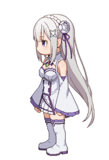 score_9, score_8_up, score_7_up, source_anime,
BREAK
<lora:shiSpriteV3:1.0>, rightwalkright, chibi, full body, looking to the side, from side, 
no mouth, medium breasts,  
simple background, white background, 
1girl, solo, anime screencap, anime coloring,
<lora:shiEmiliaV2:1> shimilia, long hair, grey hair, purple eyes, pointy ears, crown braid, hair flower, hair ribbon, purple ribbon, x hair ornament, white dress, bare shoulders, wide sleeves, white thighhighs, thigh boots,