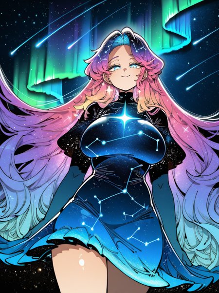 KafunXLP,,
1girl, cosmic dress, otherwordly dress, comic eyes, cosmic hair, glowing, closed mouth, aurora, constellation, galaxy, light particles, long hair, looking at viewer, planet, shooting star, sky, smile, space, sparkle, very long hair, cowboy shot, large breasts, dutch angle, 
 <lora:KafunXLP_style-12:1>