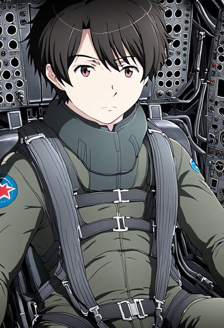 high resolution, solo, best quality, 1Boy, Inaho Kaizuka, Black Hair, Pilot, Cockpit, Jet Fighter, OverallDetail