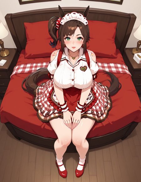 <lora:Ines_fujin_v1.0_Cibitai:0.7>, I_FUJIN,ines fujin,side ponytail,blunt bangs,asymmetrical bangs,brown hair,green eyes,freckles,horse girl,horse ears,horse tail, IF_B , necklace,maid headdress,white shirt,heart on chest,short sleeves,shoulder cutout,red apron,frilled cuffs,waist apron,red ribbon on rear waist,red skirt,gingham skirt,white drawers,red shoes,ankle socks,bedroom,indoors,,full body, sitting, legs together,high angle, view from front, <lora:Ultimate_Milf_XL:1>, Mature Female, Milf, tall girl,, , score_9, score_8_up, score_7_up, score_6_up, rating_explicit, looking at viewer, 1girl, huge breasts, thick thighs,  blush, wide hips, narrow waist,