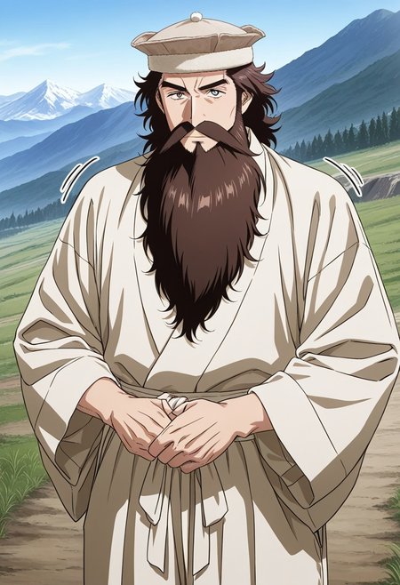 general,highres, ultra-detailed,very aesthetic,best quality ,best hands,masterpiece, best quality, newest, highres, score_9, score_8_up, score_7_up, source_anime, rating_explicit,1boy, yokota mamoru style,motion lines,,Very straight nose,slim,slender face,perfect nose
1 handsome young man, brown hair, short hair,long beard,
 anime screencap,wearing Pakol Hat,
  wearing loose trousers ensemble forms part of traditional costume, rugged mountains, semi-arid climate area, Afghanistan valley