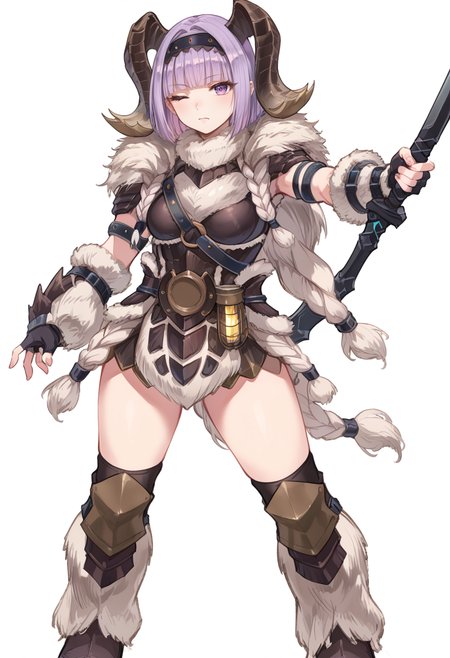 (score_9:0.9),score_8_up,score_7_up,rating_safe,anime style,(zPDXL),<lora:Banbaro beta armor ponyXL v1.2:0.85>,banbaro beta armor, 1girl, solo, horn hairband, white fingerless gloves, closed mouth, sword, hatching, standing, blunt bangs, simple background, holding sword, white background, white knee boots