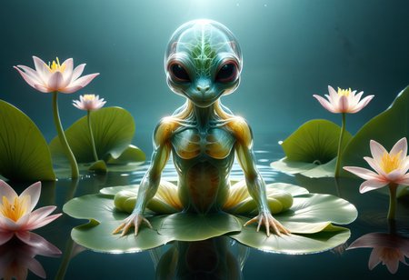 <lora:tranzp:1> tranzp style, a transparent creature with clear glass skin sitting on a lily pad in a lake <lora:cyberanatomy:0.5> cyberanatomy, blood vessels, intestines, colon, small intestine, guts, unidentifiable alien organs, nervous-system teeth, smiling,  <lora:artfullyALIEN_SDXL_V1:0.8> artln