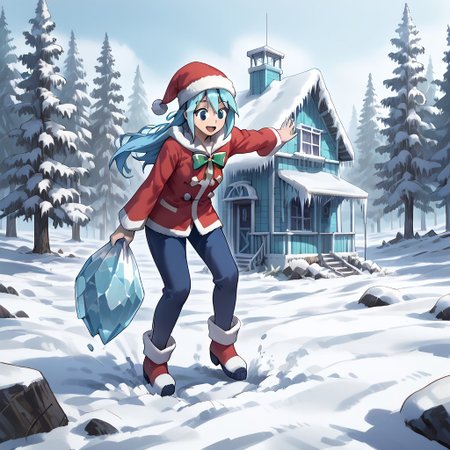 best quality, highres, high resolution, score_9, score_8_up, score_7_up, score_6_up, score_5_up, score_4_up, 1 female, aqua is wearing Santa outfit, her outfit is made of snow crystals,  (Aqua_(Konosuba):1), fr0stwrld, snow, ice, <lora:Fr0stWrld-v10:1.2> , <lora:Aqua Pony:1> ,full body, front yard of a house in snow forest, snow background, standing , anime pose, trickster face
