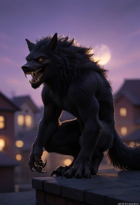 Score_9, score_8_up, score_7_up, score_6_up, SpecStyle, <lora:SpecPony:1.1>, wide shot, BREAK, from side, 1boy, Werewolf, (furry male, solo, black fur, animal ears, yellow eyes, sharp teeth, claws),
purple sky, yellow full moon, blurry background, building, blurry, parody, 1boy, solo, outdoors, night, full_body, male focus, prowling, rooftop,