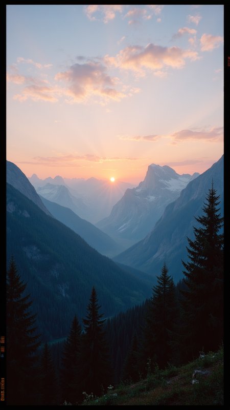 photograph, A serene scene of a mountain range, with towering mountains in the distance. The sun is setting, casting a warm orange glow on the landscape. In the foreground, studio lighting, Lomography Color 100, 80mm, three colors, aidmamjv7