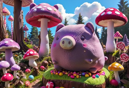Image of Boopig, a purple pig, plushie, kawaii, sweetheart, joyful, floating, giant mushrooms, candy colorful candies, chocolate trees, marshmallow clouds, sparkles, candyland, mushroom forest, sugary land, whimsical, magical, dreamy, enchanting