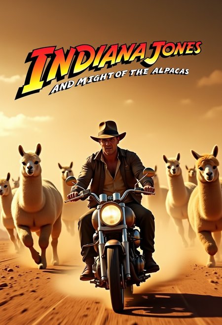 a Hollywood movie poster. Movie titled “Indiana Jones and the Might of the Alpacas”.  action photo, dramatic photo. Indiana Jones riding a motorcycle on a desert road while being chased by a horde of angry alpacas.