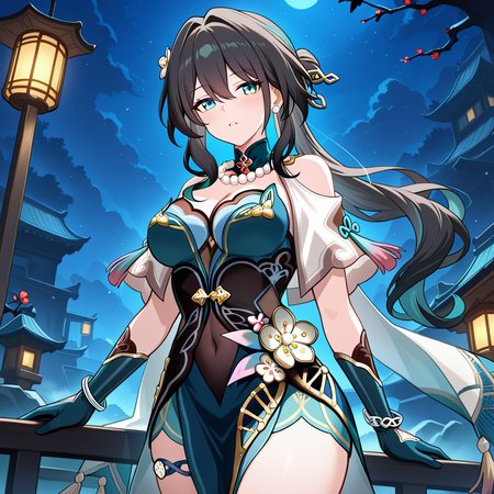ruan mei (honkai: star rail), 1girl, solo, breasts, covered navel, jewelry, long hair, black hair, shoulder cutout, dress, green eyes, looking at viewer, necklace, cleavage, detailed background, clothing cutout, bare shoulders, outdoors, night, parted lips, beads, cowboy shot, short sleeves, bead necklace, chinese clothes, medium breasts, blush, gloves, large breasts, masterpiece, best quality, amazing quality, very aesthetic, absurdres, newest, (scenery, volumetric lighting)