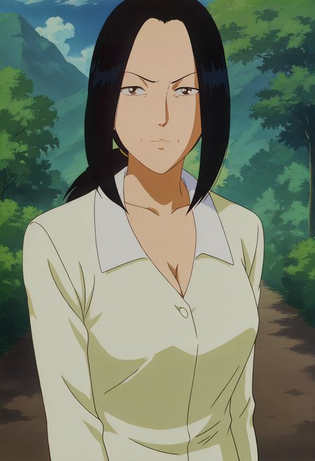 anime screencap,anime coloring,detailed face,masterpiece,best quality,very aesthetic,absurdres,official style,amazing quality,ultra detailed,highres,amazing quality,beautiful detailed hair,beautiful detailed eyes,
<lora:Tae-IL V1:1>,Tae,1girl,solo,mature female,black hair,long hair,outdoors,looking at viewer,cleavage,ponytail,white dress,