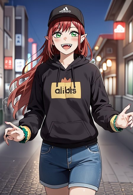 score_9, score_8_up, score_7_up, perfect eyes, partially illuminated, animification, animestyle, Anime_source, (4k), depth of field, (Masterpiece), extremely detailed, tall, long legs, medium breast, bokeh, high resolution, sharp detail, dark red hairs, redhair, dark red hair, <lora:Sono Bisque Doll wa Koi wo Suru - Marin Kitagawa Updated:0.7>, 1girl, fangs, green eyes, hair ornament, hair scrunchie, light blush, long hair, open mouth, smiling, pointy ears, scrunchie, happy, good hands, jeans shorts, leggings, opened black hoodie, baseball hat, top, every day clothing, Adidas Adilette sandals, beautiful feet, perfect feet, perfect toes, beautiful toes, night city background, ((masterpiece)), dynamic pose, (standing), night city, Tokyo city night, city night, BREAK, cowboy shot, dutch angle, looking at viewer, full body, feet,
<lora:add-detail-xl:-1><lora:minami-nanami-s1-ponyxl-lora-nochekaiser:0.8>