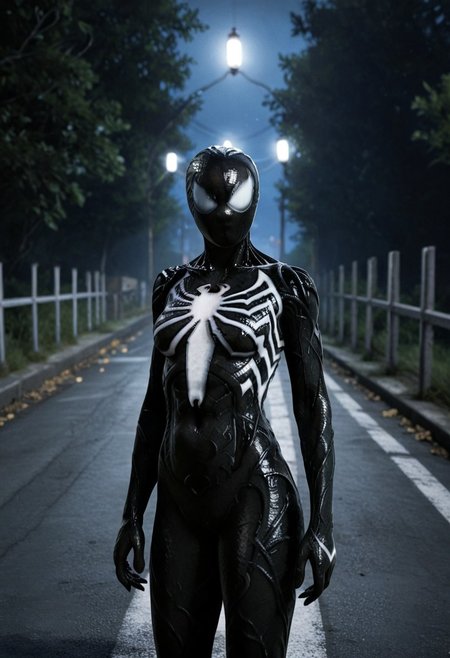 road tunnel background, 1girl, solo, symbiote suit, black suit, black, venom logo, black mask, white eyes, white patches on hands, standing, black webs, skinny, symbiote tendrils, female, hands on hips, (curvy:1.2), black sharp nails, hourglass figure, night, looks away, white blue light of lanterns,