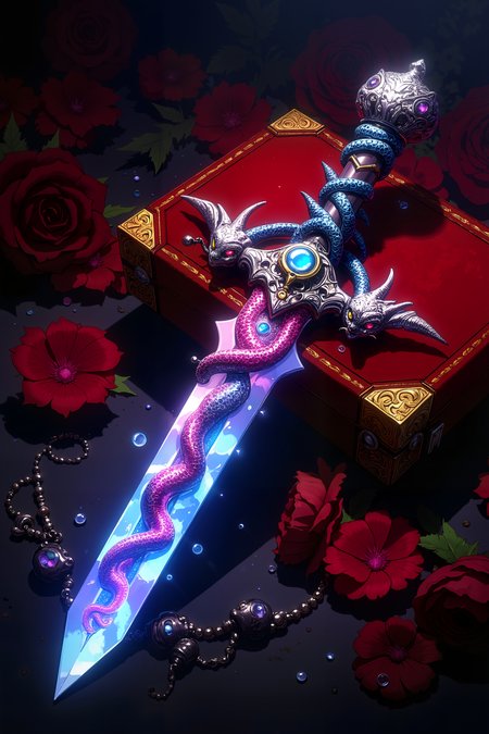 A jeweled dagger rests on a velvet cushion, its blade made of transparent crystal with a core of flowing liquid rainbow metal. The hilt is crafted from white gold shaped like intertwined serpents, their eyes set with rubies that seem to flicker with inner fire. Small floating gems orbit the dagger's pommel, while the blade edge glows with a constant blue light. The crossguard is decorated with miniature dragon wings made of platinum and opal. , detailed background  Fantastic lighting. Detailed shadows.intricate details, vivid colors, hyper-detailed, ultra-sharp, <lora:Ev_Ganin:0.4><lora:Vintage comic book:0.4><lora:RetroAnimeFluxV1:0.15><lora:Greg_Capullo_style:0.4><lora:jeanClaude_Mzires_Style_FLUX-000001:0.4><lora:Flux_Ink_Anime:0.4>