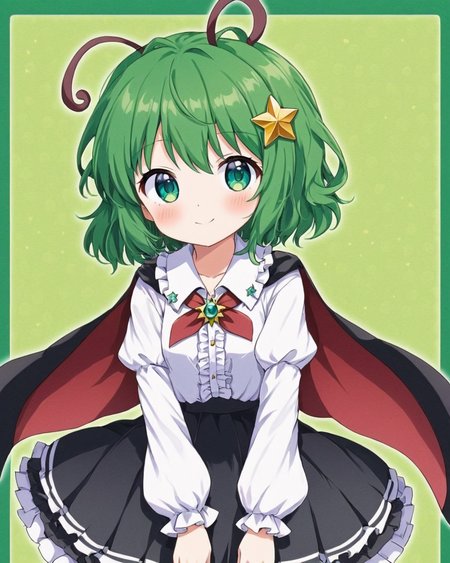 wriggle nightbug,1girl, solo, sample_watermark, traditional_media, marker_\(medium\), smile, brooch, closed_mouth, looking_at_viewer, cowboy_shot, frilled_skirt, antennae, white_shirt, black_skirt, frilled_shirt, green_background, long_sleeves, blush, hair_bow, black_cape, frilled_sleeves, red_bow, frilled_shirt_collar, head_tilt, ribbon
<lora:wriggle_nightbug_image3698_2023-12-11-000006:1>,star-shaped_pupils,symbol-shaped_pupils,. gorgeous,key visual, vibrant, studio anime,award-winning, professional, highly detailed,high budget, cinemascope