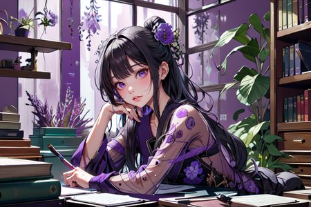 highly insanely detailed, masterpiece, top quality, best quality, highres, 4k, 8k, RAW photo, (very aesthetic, beautiful and aesthetic),  
(code_style,codestyle),english text,japanese text, 
<lora:CodeStyle (half generic class)_564920:0.6>, 
(1girl:1.3), 1other, 
The messy room filled with super cluttered plants and super cluttered books,(pure purple background,transparent background:1.2),âââ