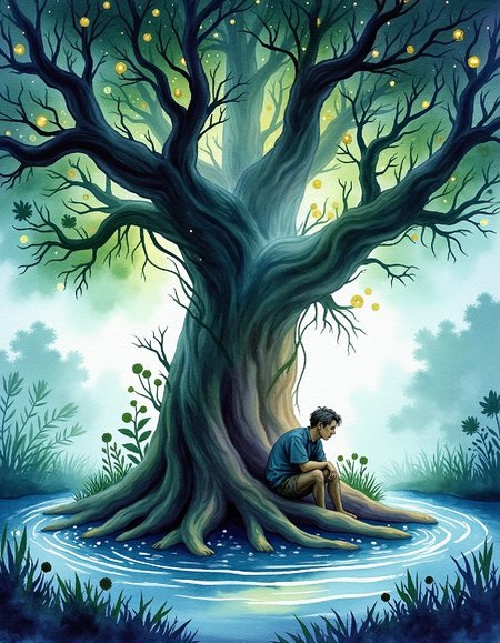 water color image on rough paper, Surreal watercolor painting depicts an aged figure hunched beneath a sprawling, organic tree with roots twisting into a labyrinth. The branches are adorned with glowing, ethereal fruits emitting soft light. His wrinkled face shows deep contemplation; eyes reflect the stars above. Leaves and petals blend into a dreamy background of deep blues and purples. Water flows from the base of the tree, forming concentric circles that merge seamlessly into the surrounding environment. The entire scene is richly detailed with subtle variations in watercolor technique, inviting viewers to unravel hidden meanings within its intricate layers.