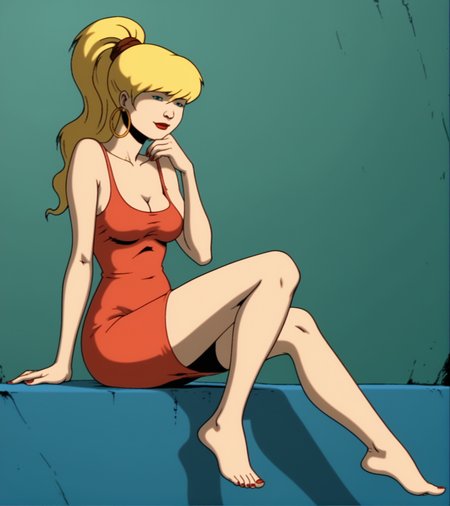 score_9, score_8_up, score_7_up,
1girl, solo, JulieWinters,
sitting, red dress, barefoot, red lipstick, medium breasts, cleavage, 
nail polish, indoors, bare shoulders, 
cartoon, source_cartoon, 1990s_(style)
<lora:Julie_Winters:1>