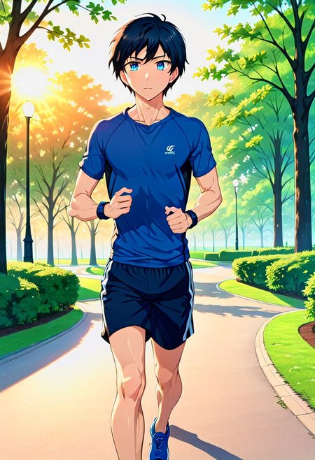 high resolution, solo, best quality, 1Boy, Arata Kaziaki, Black Hair, Blue Eyes, Jogging, park, sunrise, fitness,