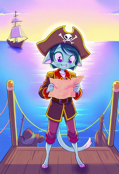 score_9, score_8_up, score_7_up,lilith_calah,
1girl,solo,furry,tail,dark green hair, source_furry,
 ,<lora:lilith_calah_illustrious:0.8>,
child, kid,
in a pirate hat standing on the deck of a ship, holding a treasure map with a tropical island and crystal-clear waters in the background, pirate_hat, ship, treasure_map, tropical_island, ocean, smile, happy, cute, short_hair, outdoor, adventure, pastel_colors, serene