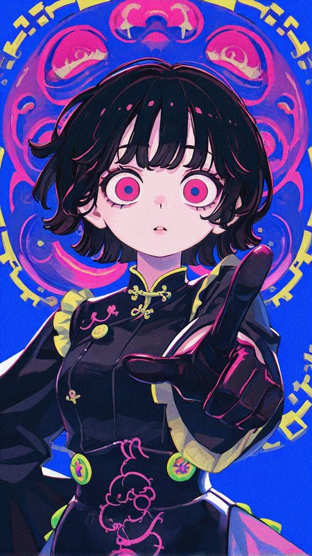 1girl, solo, looking_at_viewer, short_hair, bangs, black_hair, gloves, long_sleeves, dress, upper_body, parted_lips, black_gloves, pink_eyes, blue_background, pointing, wide-eyed, pointing_at_viewer