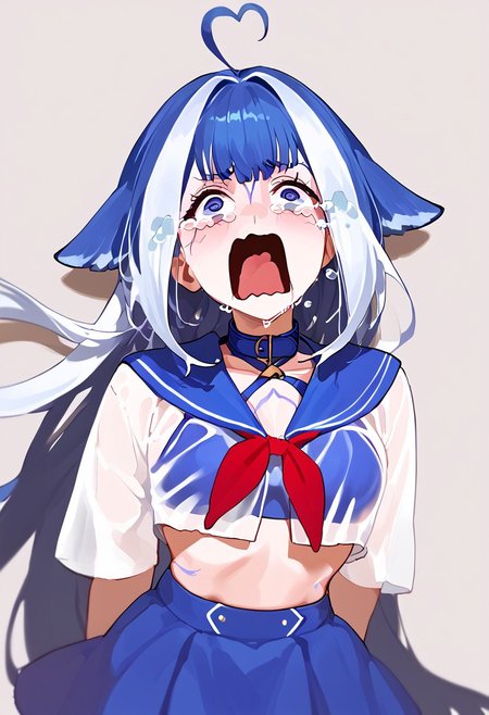 abbystea style, score_9, score_8_up, score_7_up, BREAK, 1girl portrait, beautiful, ((shylily1st, heart ahoge, facial mark, fins, body markings, cetanean tail, blue collar, belt collar, blue bikini, swimsuit, bikini under clothes, school uniform, white shirt, see-through shirt, blue sailor collar, criss-cross halter, blue skirt, thigh strap, aquascreaming, screaming, open mouth, crying with eyes open)) , dark blue hair