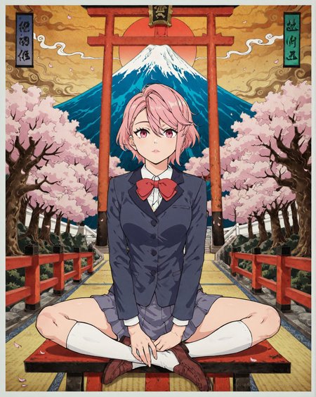 masterpiece,best quality,amazing quality,very aesthetic,absurdres,newest, huge filesize, anime screenshot,  volumetric lighting,
<lora:spo_sdxl_10ep_4k-data_lora_webui:0.5>,dandadan, official art, 
<lora:traditional_japanese_art_illustriousXL-000031:1>, traditional japanese art,meditation, masterpiece, highres, sunset, mount fuji background, sun, torii, cherry blossoms, petals, falling petals, tree, spring, sunset, sun, sun partially hidden by mount fuji,
, blue jacket, collared shirt, red bowtie, long sleeves, pleated skirt, blue skirt, miniskirt, kneehighs, white socks,shoes, 
BREAK
<lora:AiraShiratori-IL-v1-07:0.8>, ChopioAira, short hair, pink hair, swept bangs, hair between eyes, lips, pink eyes,small breasts, narrow waist, outfit_1,