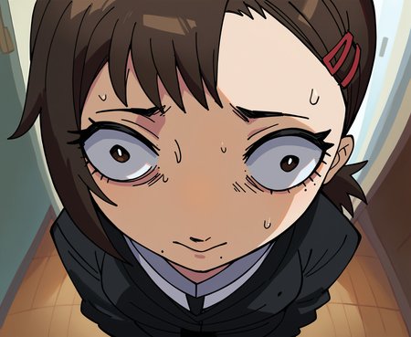 score_9, score_8_up, score_7_up, score_6_up, score_5_up, score_4_up, high quality, Minimal shading, clean shapes, Bold lines, hallway, 1girl, solo, higashiyama kobeni, insanity-angle, from above, close up, pov <lora:mareeps_second_try:1>  <lora:insanity-angle:1>