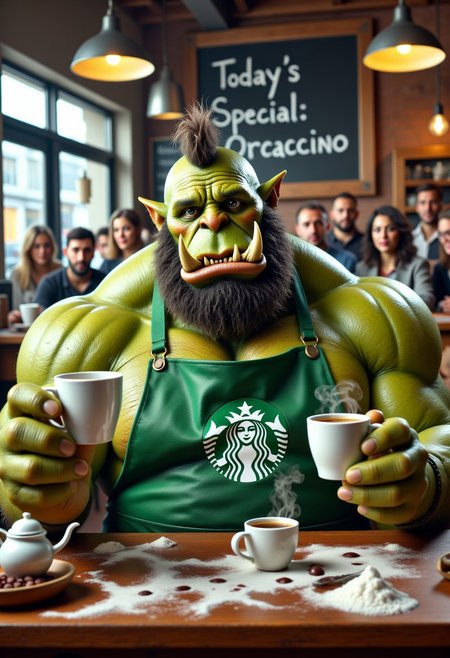A massive green orc working as a Starbucks barista, wearing a tiny green apron with the Starbucks logo and a small barista hat perched awkwardly on his head. He’s holding a tiny coffee cup in one hand looking frustrated. The scene is chaotic, with spilled coffee, foam everywhere, and nervous customers in line. The chalkboard behind him reads: “Today’s Special: Orcaccino.”