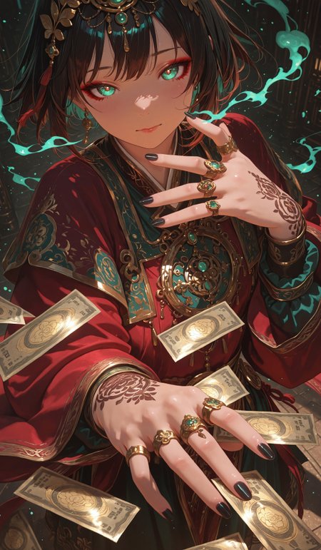 masterpiece, best quality, very aesthetic, absurdres, stylized, newest, depth of field, HDR, high contrast, sharp focus, 8k resolution, digital art, anime style, vibrant colors, photorealistic, smooth gradients, fantasy art style, cinematic lighting, mystical aura, art nouveau inspired, (soft lighting:1.2), (lighting from above:1.2), (scenery), (detailed background design), Anime girl, 1girl, solo (ethnicity:1.2), (detailed clothing:1.2), (accessories:1.1), (facial features:1.3), (expression:1.2), (body type:1.1), (pose:1.2), in traditional Chinese attire, center frame, facing viewer,  with intricate embroidery on a deep red robe.  Long, dark hair, striking makeup, dramatic eyes, (detailed skin texture:1.2), and elaborate gold jewelry with ornate details.  Black pointed nails, multiple rings on fingers.  Money notes (different currencies), scattered around her, adding a layer of rich textures.  (detailed clothing:1.2), (detailed embroidery:1.1).  Soft, glowing teal-green smoke effect, creates depth and atmosphere.  Dramatic lighting, highlighting facial features, (expression:1.2).  Perspective is slightly angled, creating a sense of depth.  Composition is focused on the subject's hands and face, detailed and intricate design,  (detailed accessories:1.2).  Visual style is painterly,  digital art, with emphasis on detail and soft blending.  Photorealistic,  oil painting style,  rich color palette, deep reds, golds, and teal-green.  Elegant, rich,  intriguing scene.