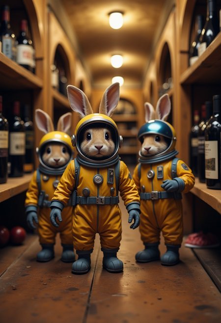 cinematic wide angle, a bunch of tiny micro space angry bunnies wearing yellow and blue space suit, with a round helmet with metalic rabbit ears, exploring a wine cellar, funny, playful , raw, analog, detailed bedroom background blankmj l10nhe43t