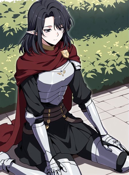 <lora:Aya_Grephin__The_Beginning_After_the_End__Illustrious:1>
1 girl, solo, female elf, medium length black hair, pointed ears, mole under left eye, black eyes, 
dark red cape, red scarf, golden crest, white chest armor, silver gauntlets, armored gloves, black undershirt, dark skirt armor, waist belts, thigh armor, armored boots, cloak fluttering, fantasy knight outfit, fantasy style
score_9, score_8_up, score_7_up, masterpiece, best quality, absurdres, perfect anatomy, 1girl, solo, wariza, sitting, hands on own knees, garden background