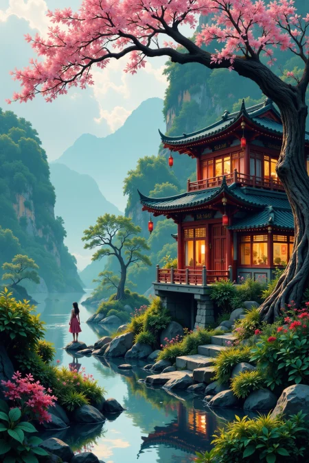 an oriental villaje beautiful landscape, rainy day, woman, very intricate, very detailed, sharp, bright, colorful, <lora:Hand v2:0.5> <lora:Anti-Blur:1><lora:Insane Detail Slider:0.25>  <lora:flux.1_lora_flyway_Epic-detail_v2:0.3> <lora:fluxenhancer:0.25> <lora:ROWER:0.6> <lora:flux-charmer-v1-1:0.4> <lora:Anime art - Variant 2:0.6> <lora:Anime art - Variant 3:0.6> Anime art