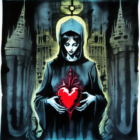 corcoc3s nun holding an anatomical human heart in a dark cathedral, psychedelic colors <lora:corcoc3s:1>