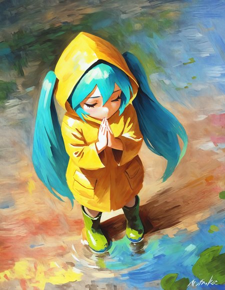 traditional media, oil painting \(medium\), painting \(medium\), yellow raincoat,hatsune miku, aqua hair, twintails, rubber boots,hood, praying, closed eyes,   1girl, masterpiece, best quality, very aesthetic, absurdres <lora:luce2_Noob05XL:1>