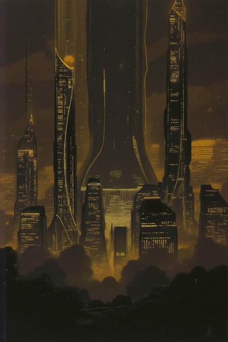 sydme1 painting 
of a futuristic, neon-lit cityscape at night. The scene is dominated by towering skyscrapers and buildings, many of which are adorned with intricate, glowing lights. The cityscape is rendered in a dark, muted color palette with a focus on warm golden and amber tones, creating a moody, atmospheric effect. 
The tallest structures are futuristic, with sleek, curved designs and sharp, angular lines, suggesting a blend of modern and advanced architecture. <lora:sydme6_cap_d6a3:1.0><lora:811018185160719481:0>
