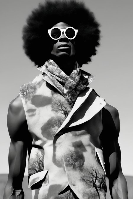 <lora:Zanele Muholi Style:1>Zanele Muholi Style - Richard Bruce Nugent General Purpose Heritage brand depicting gorgeous African male models wearing Afro Kara Walker Swedish French inspirational clothing from Japan merging the practicality and durability into a decadent modern style, believing that time outdoors with others restores the human spirit. The products are minimalist, functional, and built to last
