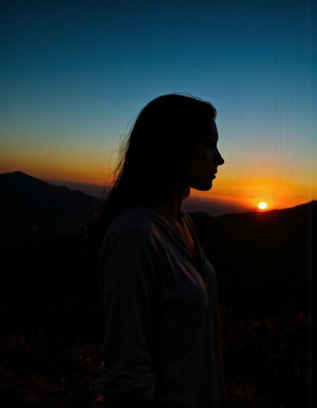 By Ibai Acevedo. A silhouette of a woman with long hair, standing in the middle of the image, facing away from the viewer, with her head turned towards the horizon as the sun is setting behind her, casting a warm orange glow over the horizon. the woman appears to be in her mid-twenties, with a slim body and long, flowing hair. her expression is serene and contemplative, as if she is lost in thought. the background is a gradient of blue and yellow hues, with distant mountains visible in the distance, creating a sense of depth and perspective. the image is taken from a low angle, focusing on the woman's upper body, and the lighting is soft and warm, casting gentle shadows on her face and body. the overall effect is one of peacefulness and serenity.