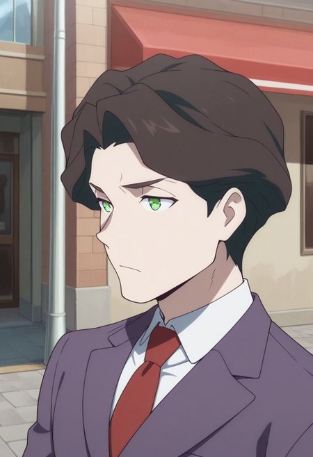 masterpiece,best quality,amazing quality, source_anime, 
AndrewHanbridge, 1boy, male focus, solo, green eyes, brown hair, shirt, white shirt, collared shirt, necktie, red necktie, jacket, purple jacket,
outdoor,