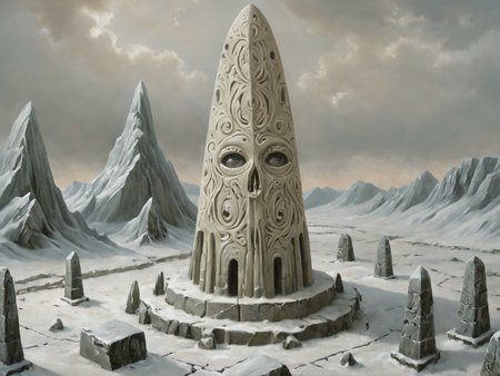 a surreal image in lowbrow art style of an ethereal Inka Cream obelisk in perfect condition in a winter Polar grassland landscape, highly detailed stone texture, intricate masonry, A creepy and horror mood.