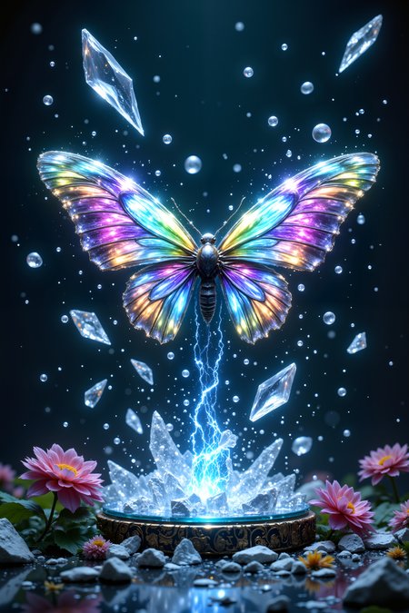 A crystalline butterfly emerges from its metallic chrysalis atop a floating glass platform. Its wings unfold for the first time, made of transparent crystal that refracts rainbow light in all directions. Drops of liquid light fall from its wings as they spread, each drop turning into a small floating crystal as it falls. The broken chrysalis glows with blue energy, while floating shards of mirror reflect the scene from multiple angles. Small mechanical flowers around the platform open their petals in response. Fantastic lighting. Detailed shadows.intricate details, vivid colors, hyper-detailed, ultra-sharp<lora:FluxMythR3alisticF><lora:PCB_Image_Enhancer_for_FLUX:0.35>