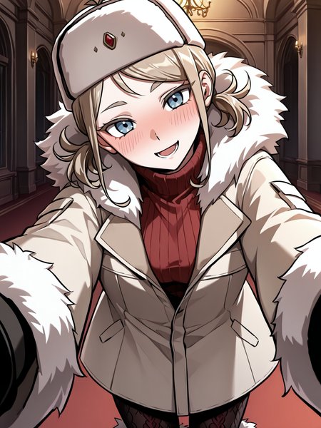 <lora:Omniscient_Readers_Viewpoint__Iris_Vladimirovna_Rebezova:1>
1girl, solo, light brown hair, short twintails, side hair strands, blue eyes, ushanka, 
beige winter coat, fur-trimmed coat, red turtleneck sweater, patterned tights, fur boots, thick gloves, white fur, winter hat, white hat with red gem, long sleeves, layered clothing, 
score_9, score_8_up, score_7_up, score_6_up, source_anime, rating_explicit, 1girl, solo, smile, embarrassed, alcalose eyes, open mouth, mansion, indoors, looking at viewer, outstretched arms, pov, close-up, (head tilt:1.2)