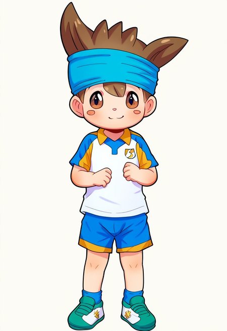 score_9, score_8_up, score_7_up, source_anime, highly detailed, young, 1boy, solo, cute boy, nishizonoshinsuke,  brown eye, brown hair, spike hair, pink blush marks, small nose, headband, sportswear, soccer uniform
DSCStyle, round eyes, exaggerated proportions, cartoonish features, anime-inspired, cute aesthetics, cartoonish proportions, highlights,smooth lines, glossy highlights, minimal detail, clean outlines, consistent line weight, gentle highlights