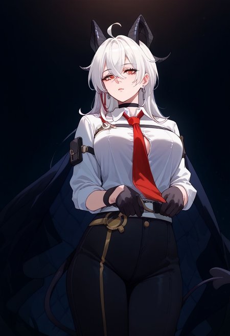 score_9, score_8_up, score_7_up, source_anime, 
wrnchwuwazani, horns, hair between eyes, red eyes, long hair, large breasts, white hair, demon horns, ahoge, 
demon tail, 
collared shirt, white shirt, red necktie, long sleeves, black gloves, earrings, jewelry, black choker, black pants, belt, shirt tucked in, button gap
shy, rear view,  Expressiveh