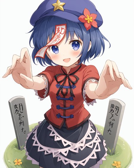 miyako yoshika,1girl, hat, star_\(symbol\), star_hat_ornament, solo, zombie_pose, tombstone, ofuda, open_mouth, skirt, skull, smile, jiangshi, blush, knife, flower, gloves, white_background, card, looking_at_viewer
<lora:miyako_yoshika_image2483_2023-12-20:1>,star-shaped_pupils,symbol-shaped_pupils,. gorgeous,key visual, vibrant, studio anime,award-winning, professional, highly detailed,high budget, cinemascope