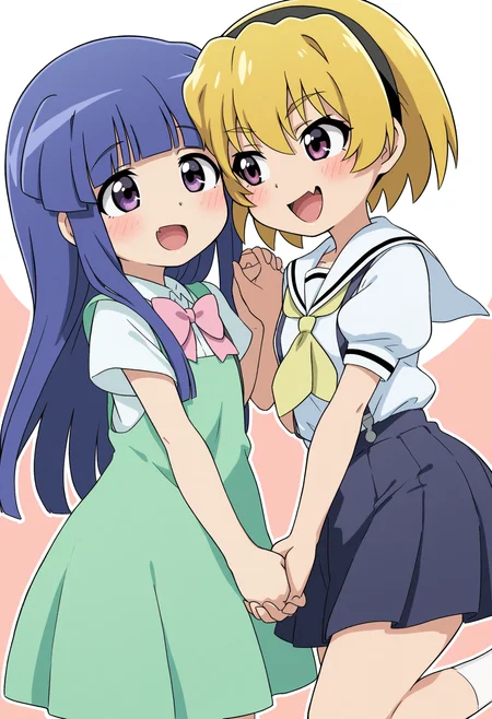 masterpiece,best quality,amazing quality,
houjou satoko, furude rika, holding hands, 2girls, multiple girls, blonde hair, long hair, purple eyes, smile, fang, short hair, dress, green dress, blue hair, skirt, shirt, open mouth, white shirt, short sleeves, blue skirt, bangs, blunt bangs, hairband, sailor collar, bow, skin fang, pink bow, blush, pleated skirt, school uniform, puffy sleeves, suspenders,
 <lora:Ketsumoa:1>