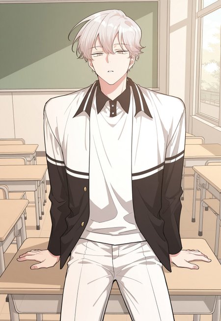 intricately detailed illustration, masterpiece, best quality, amazing quality, very aesthetic, absurdres, newest, anime coloring, subsurface scattering, realistic shading, day, natural lighting, male focus, TanWeiDSYLM, grey hair, grey eyes, 1boy, solo, cowboy shot, looking at viewer, classroom, sitting, on desk, sitting on desk, parted lips, collared shirt, jacket, pants, dutch angle