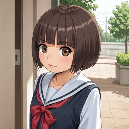 <lora:MaGeddon:1> onsayaka, 1girl, short hair, brown eyes, blunt_bangs, school uniform,