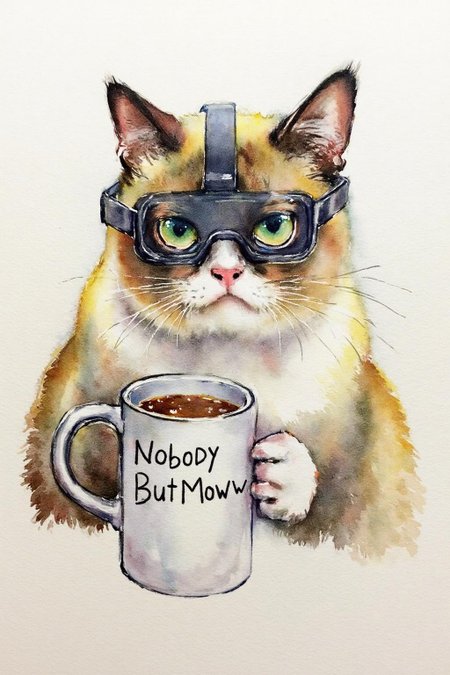 watercolor. Grumpy Cat holding a coffee mug, wearing a VR Headset. The mug has the phrase "NobodyButMeow" printed <lora:watercolor1_nbm_cap_d6a3e12:1.0><lora:838728897542737003:0>