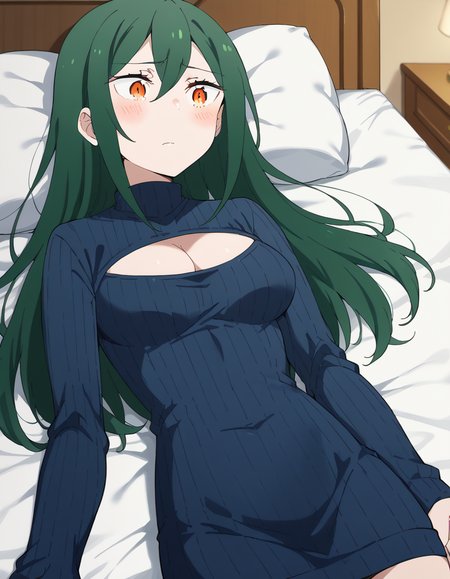 score_9, score_8_up, score_7_up, source_anime, <lora:crusch-karsten-s3-p1-ponyxl-lora-nochekaiser:1>, crusch karsten, long hair, hair between eyes, green hair, orange eyes, medium breasts,, <lora:open-chest-sweater-ponyxl-lora-nochekaiser:1>, open-chest sweater, ribbed sweater, cleavage cutout, meme attire, clothing cutout, turtleneck, sweater dress, cleavage, clothes tug, sweater pull, cleavage reach,, indoors, bed, bed room, blush, on bed, on back, , dutch angle, cowboy shot