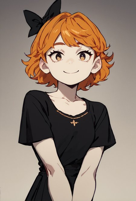 score_9, score_8_up, score_7_up, score_6_up, score_5_up, simple,  looking at viewer, smiling, simple <lora:derpina-10:1> derpina, 1girl, short hair, hair bow, medium hair, orange hair, black dress,, white skin,,  <lora:Anime_Screencap:1> anime screencap